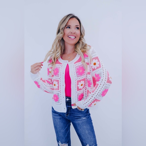 Pink fuchsia Crochet Knit lace button boho embroidered cardigan bohemian sweater - Picture 7 of 17